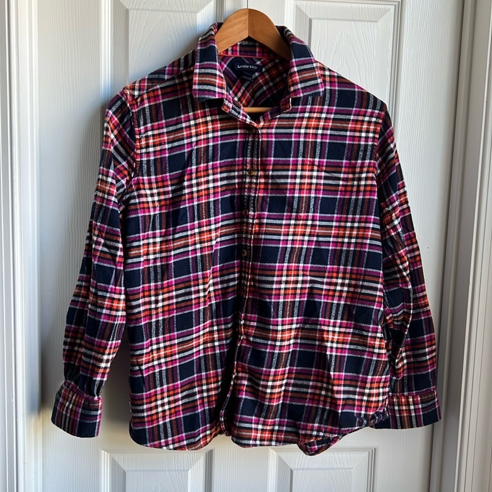 Lands End Cotton Flannel button down shirt black, pink, orange size 16 petite